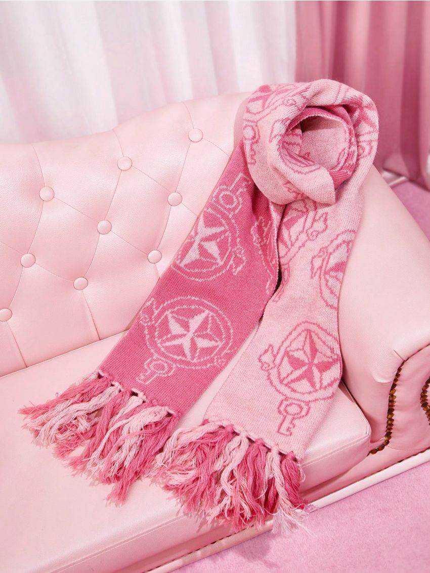 SHEIN X Cardcaptor Sakura Cartoon Jacquard Warm Thick Pink Tassel Scarf