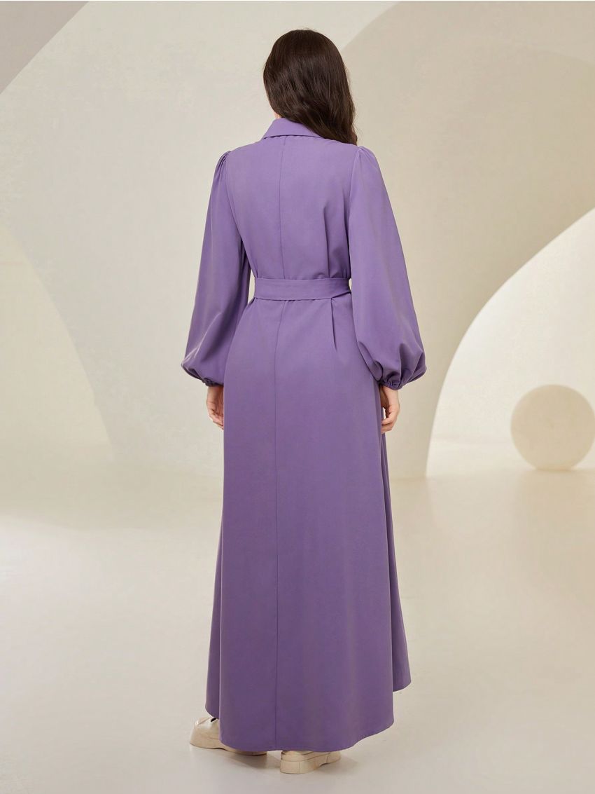 SHEIN Mulvari Lantern Sleeve Belted Pleated Shirt Dress