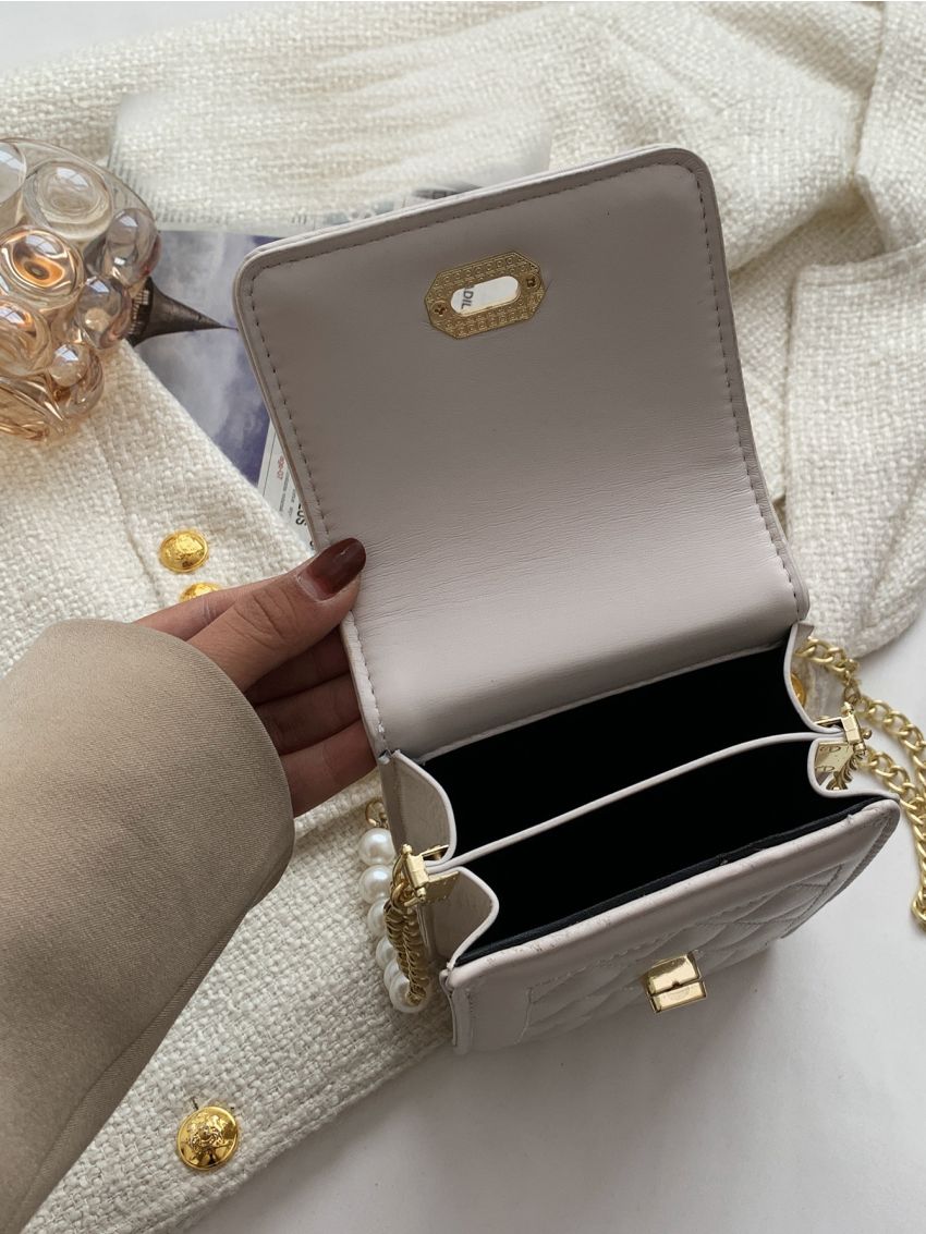 Mini Minimalist Quilted Faux Pearl Decor Square Bag