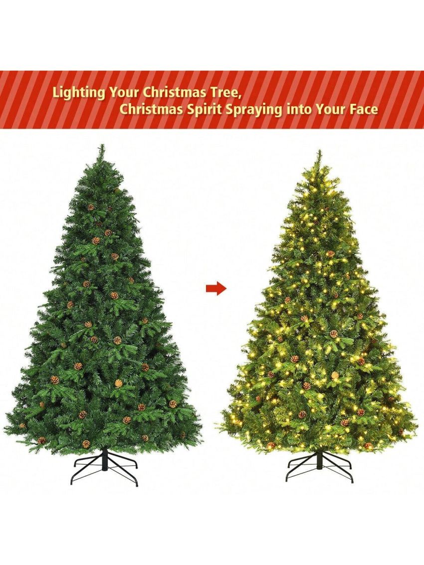 Gymax 7.5' Artificial Pre-Lit Christmas Tree Hinged LED Lights Pine Cones Metal Stand