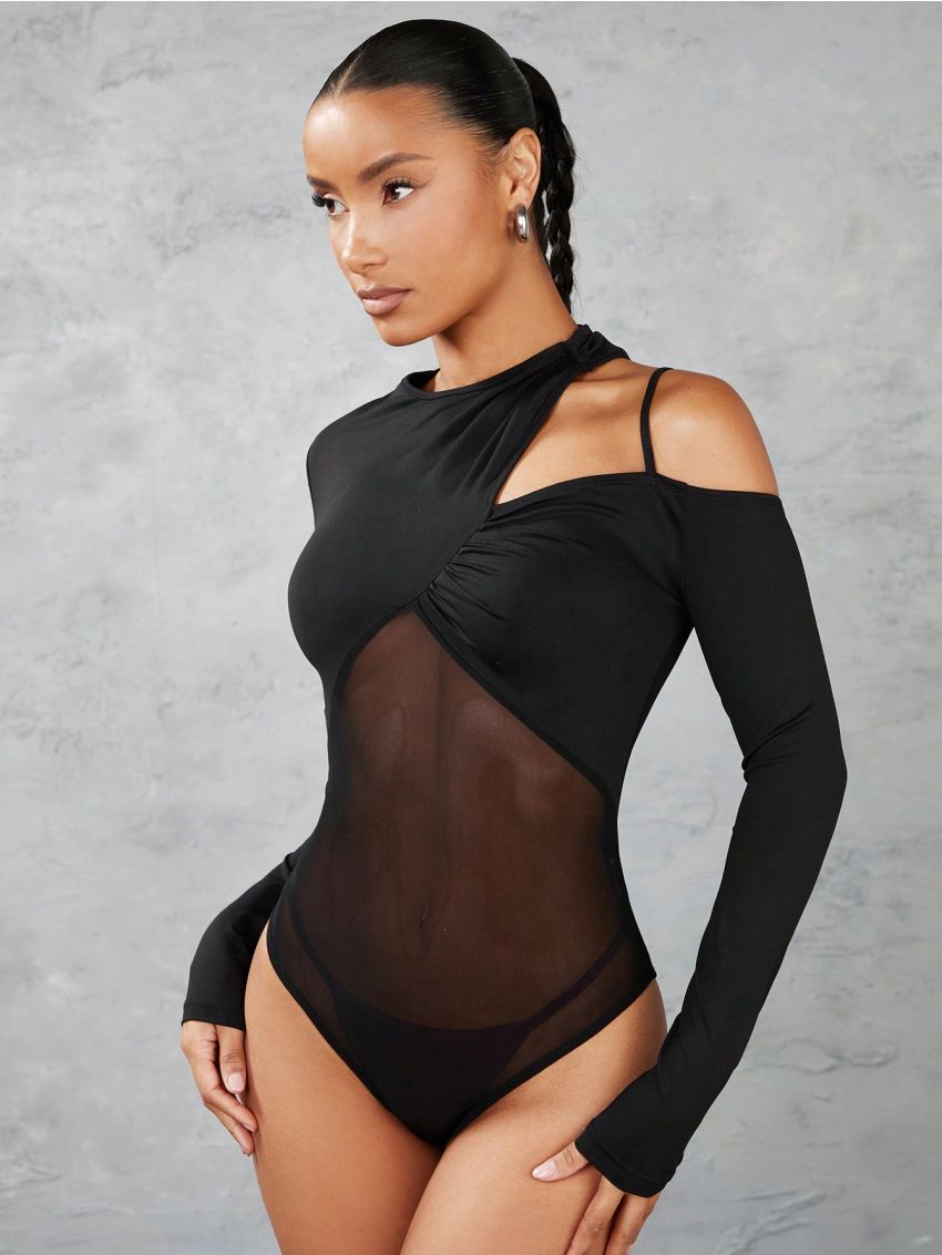 SHEIN BAE Women's Irregular Shoulder Cutout Mesh Splice Bodysuit, Slim Fit