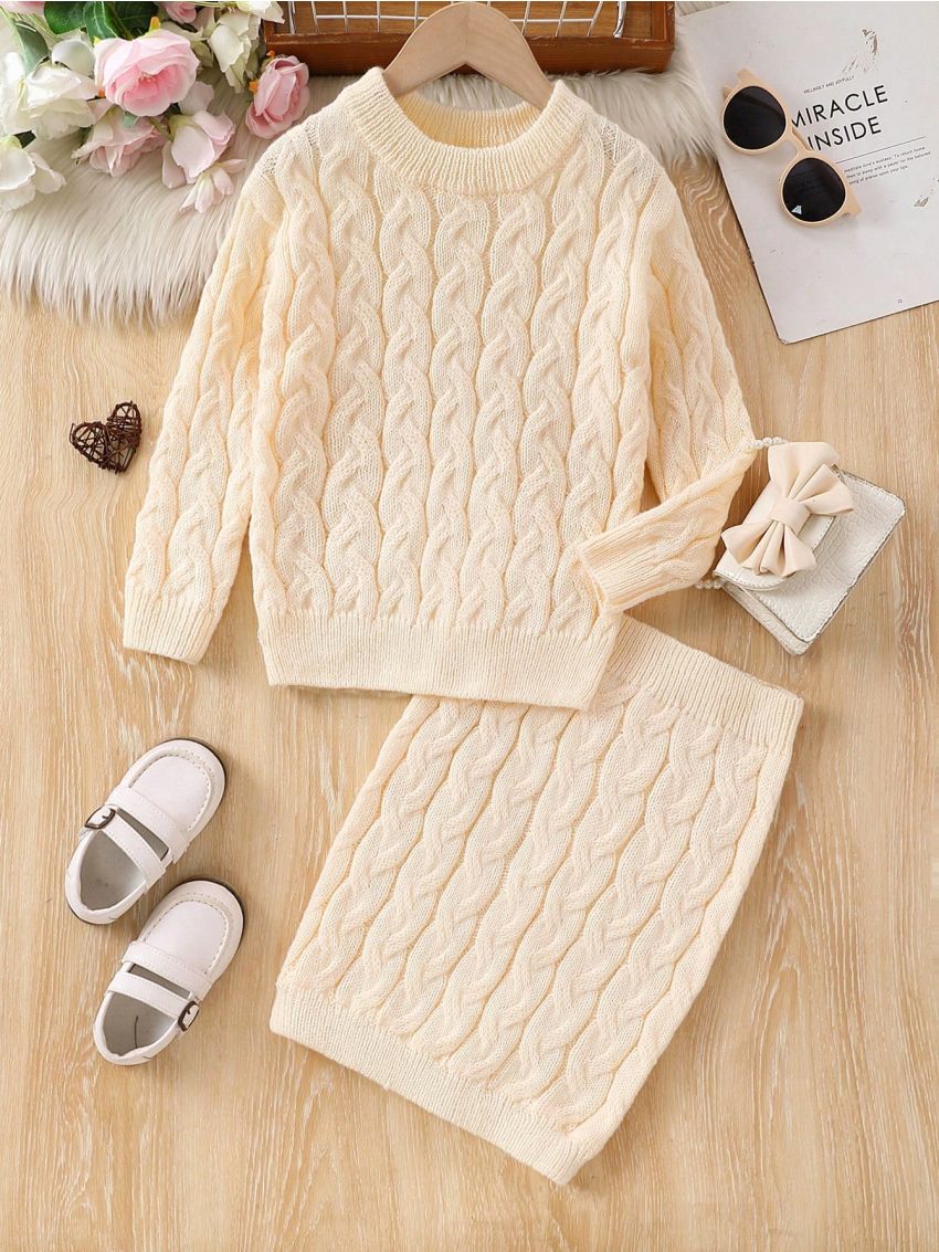 SHEIN Kids EVRYDAY Girls' Round Neck Twist Flower Knitted Sweater And Knitted Skirt Set