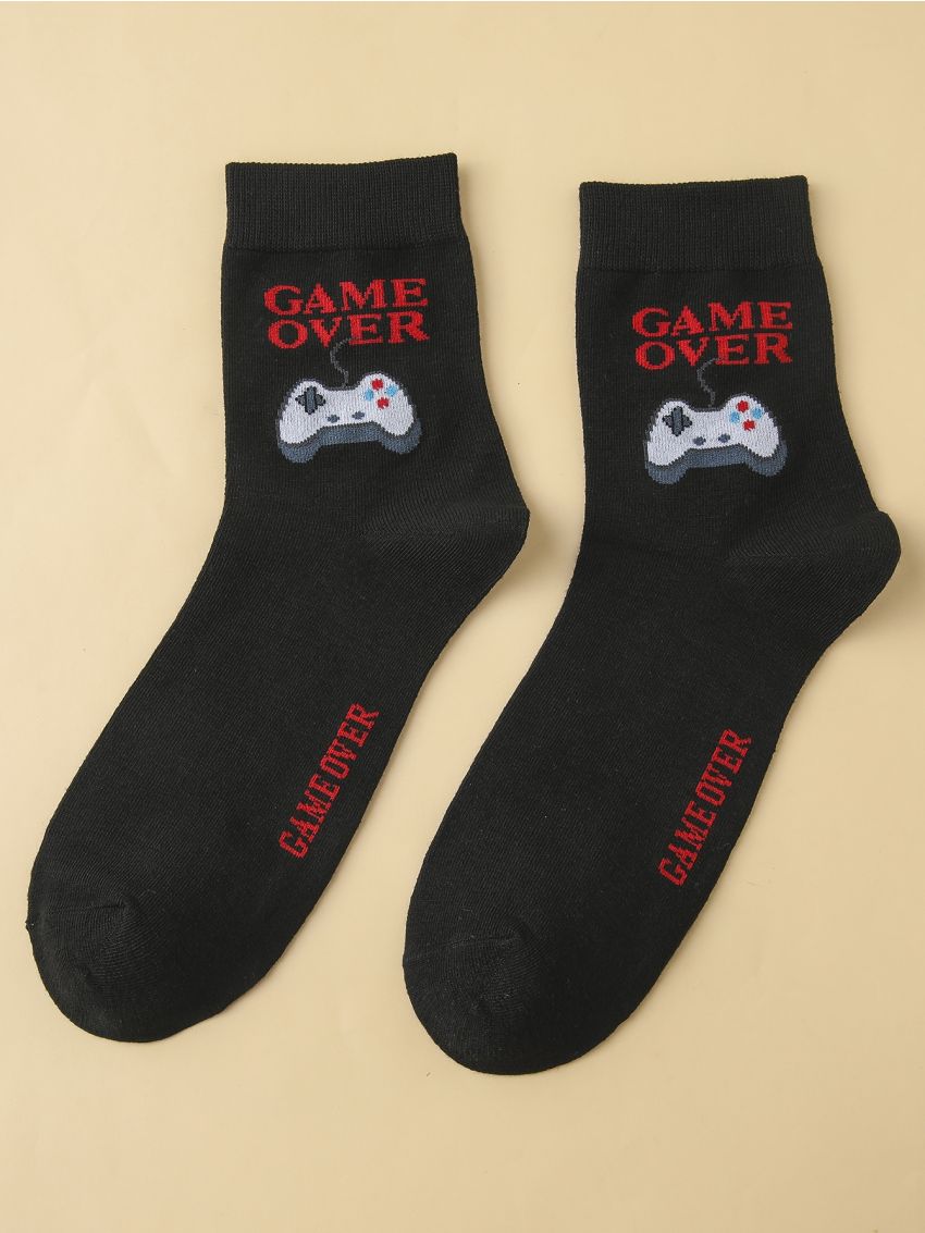 Men Gamepad & Slogan Graphic Crew Socks