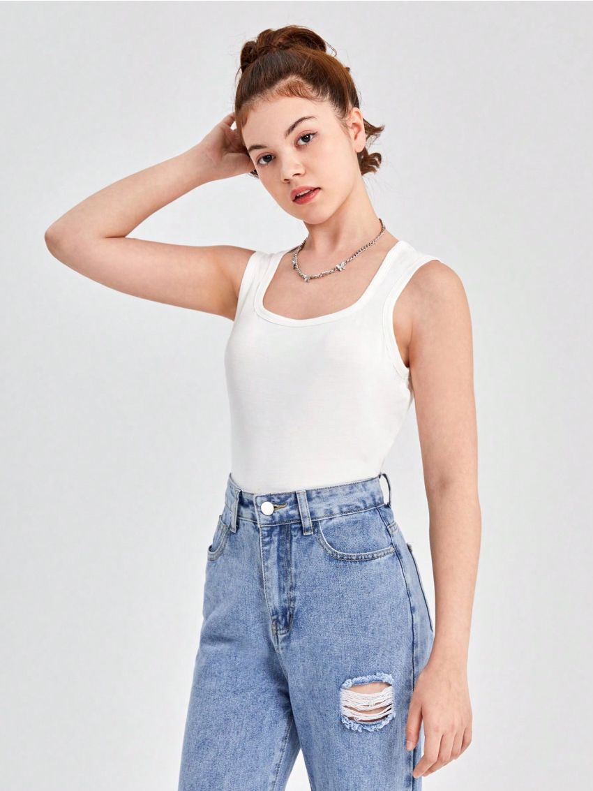 SHEIN Teenage Girls' Knitted Solid Color Leisure Square Neck Vest 3pcs Set