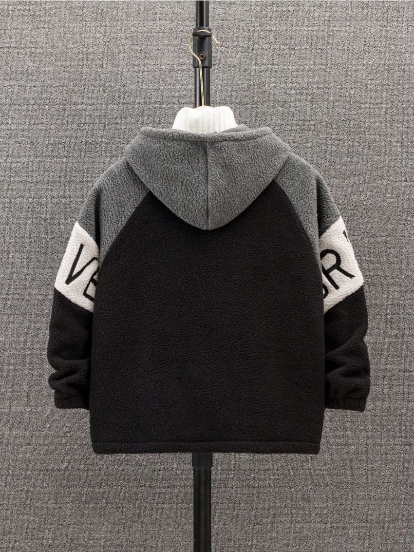 Boys' Color Block Hooded Jacket With Letter Embroidery