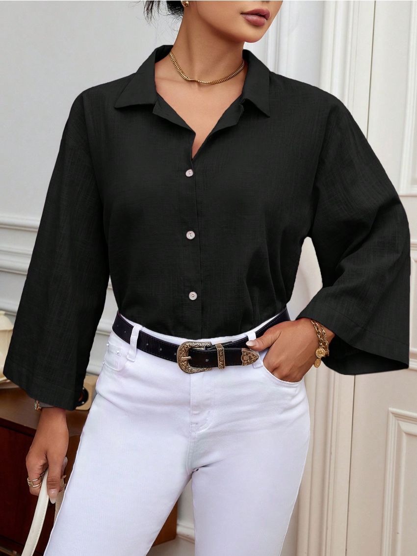 SHEIN Privé Solid Button Front Drop Shoulder Shirt