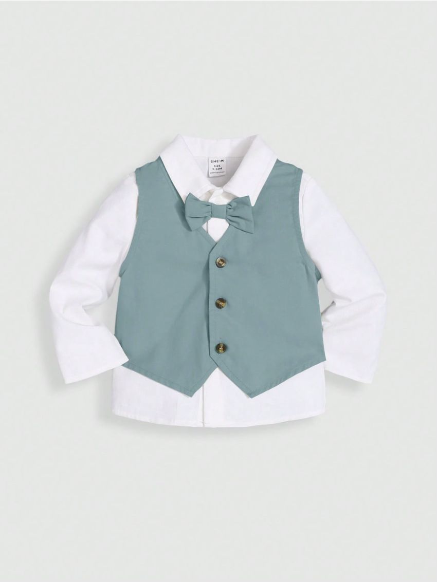 SHEIN Baby Boy Bow Front Shirt & Pants & Hat & Vest Blazer