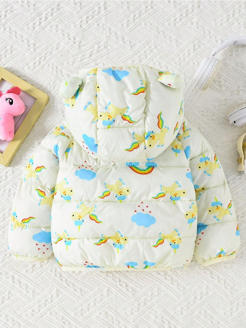 Baby Girl Rainbow & Unicorn Print 3D Ear Design Hooded Puffer Coat