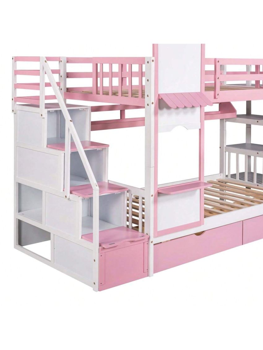 Merax Twin-Over-Twin Castle Style Bunk Bed with 2 Drawers 3 Shelves and Slide