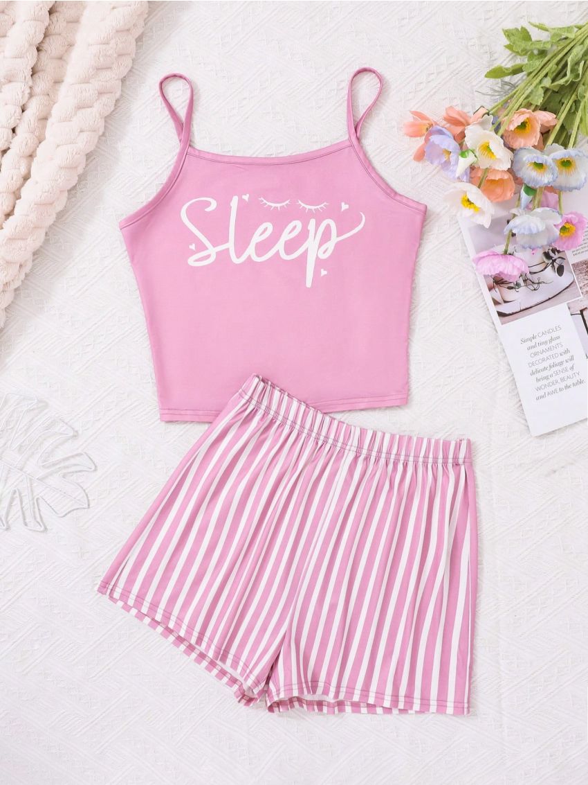 SHEIN Teen Girls' Letter Print Cami Top & Striped Shorts Homewear Set