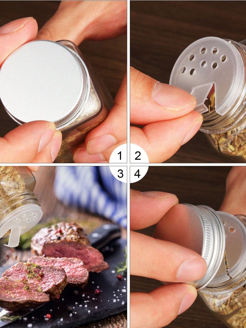 24pcs 4oz Glass Spice Jars, Bottles, Square Seasoning Containers with 120 Labels, 96 Silver Metal Caps and Pour/Sift Shaker Lid, 2 Silicone Collapsible Funnels, 2 pens and 1 Brush Included