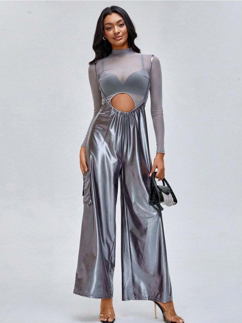 XELA AND VIC Mock Neck Mesh Top & Wide Leg Overall Jumpsuit