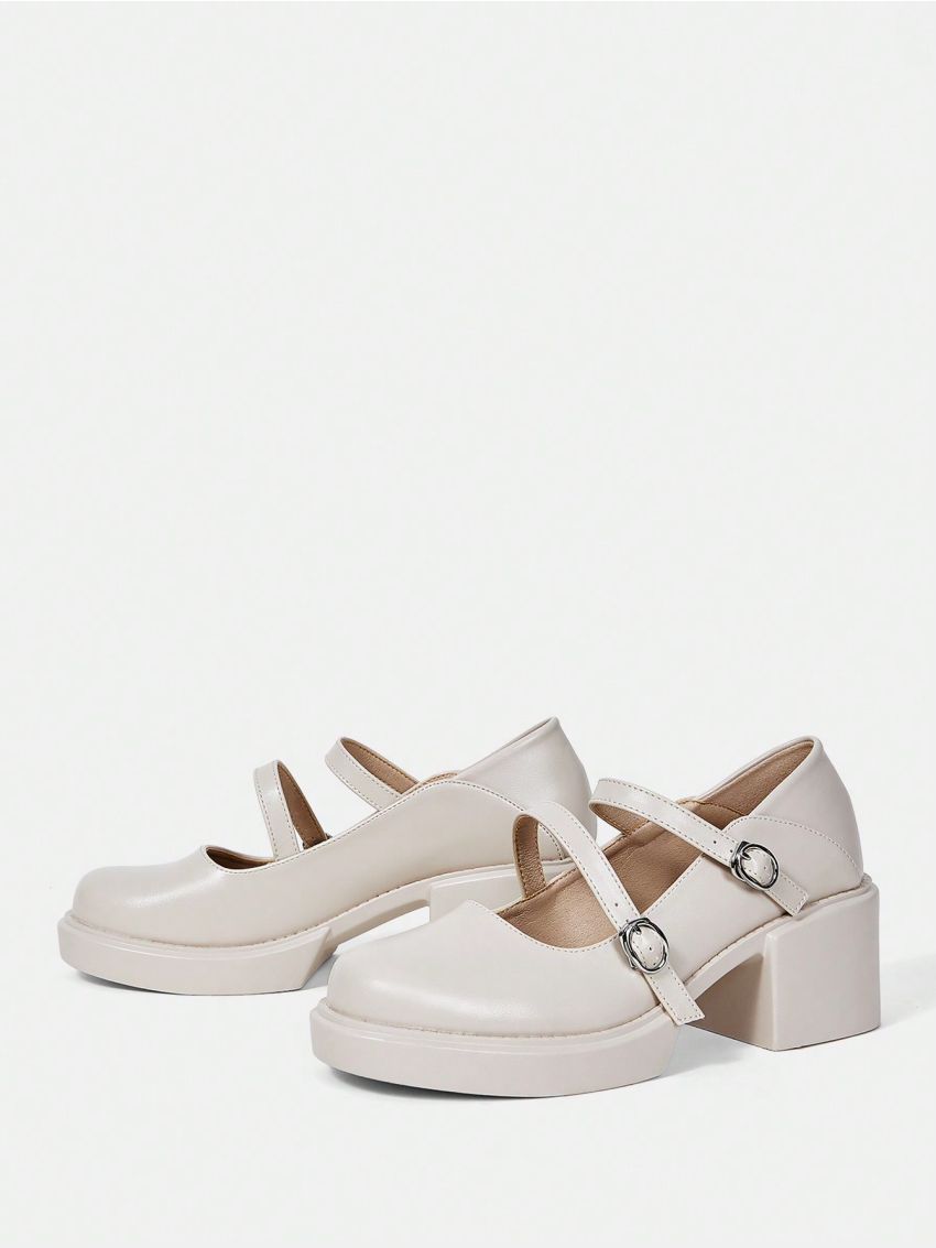 SHEIN MOD Minimalist Chunky Heeled Ankle Strap Pumps