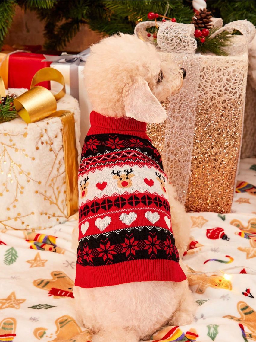 PETSIN Christmas Reindeer Fair Isle Pattern Red Pet Sweater