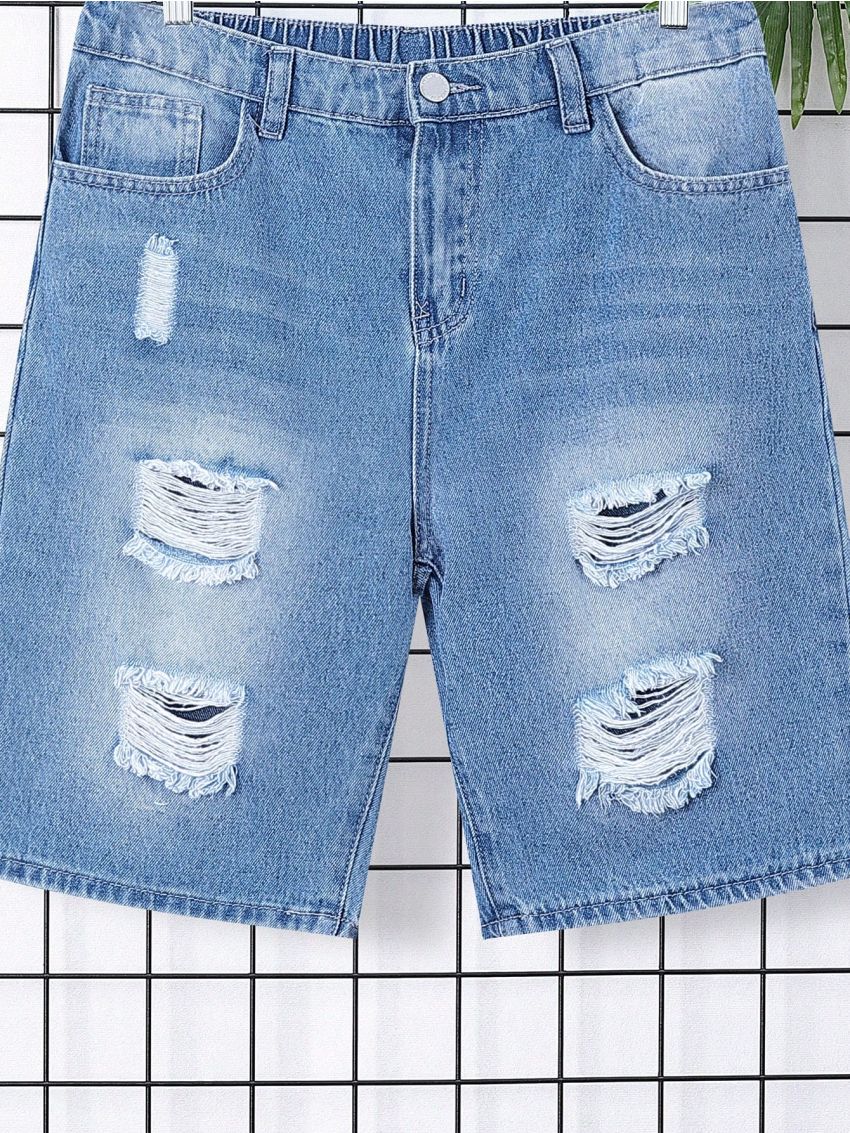 SHEIN Teenage Boys' Irregularly Distressed Straight Fit Denim Shorts Without Elasticity