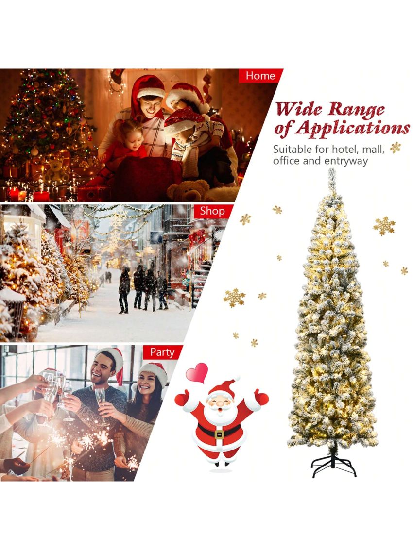 Gymax 7.5ft Pre-lit Pencil Snow Flocked Pencil Christmas Tree Holiday Decoration