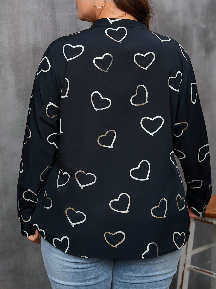 SHEIN LUNE Plus Heart Print Notched Neckline Blouse