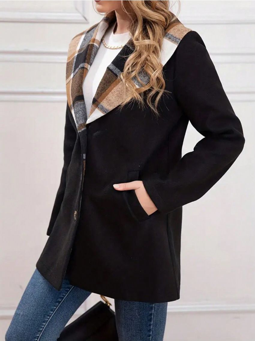 Plus Size Plaid Waterfall Lapel Single Breasted Woolen Coat