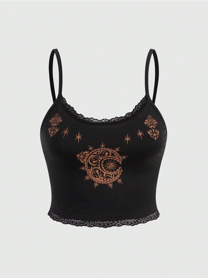 ROMWE Hippie Women's Floral Printed Patchwork Lace Tank Top