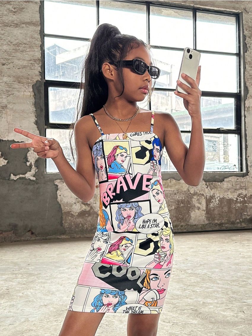 SHEIN Kids Cooltwn Tween Girls' Cool Street Style Knitted Letter & Character Print Spaghetti Strap Dress For Spring/Summer
