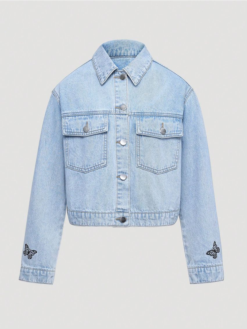 Teen Girl Floral & Slogan Graphic Flap Pocket Denim Jacket