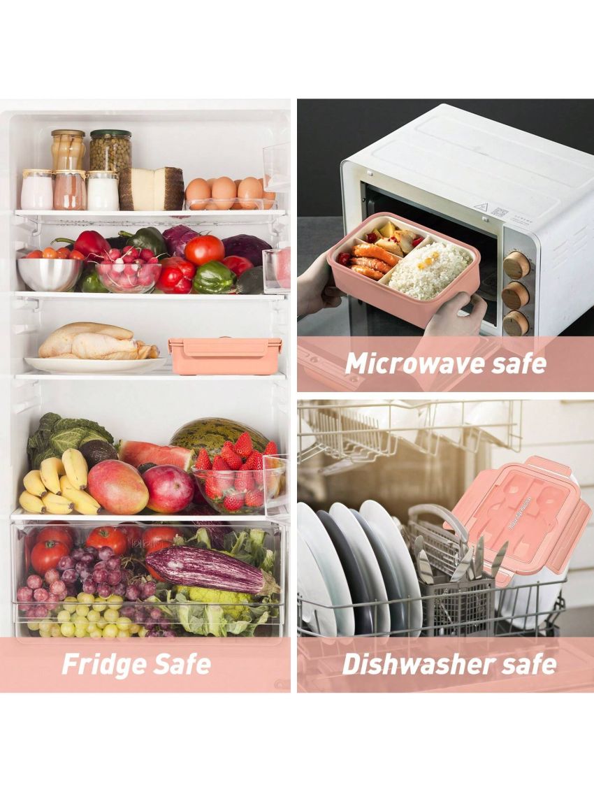 Bento Box for Adult, Lunch Box with 3 Compartments, Cutlery & Set of Knife and Fork, Large Dip Container, Cute Bento Box with Insulation Bag Optional, Phone Holder for Dining