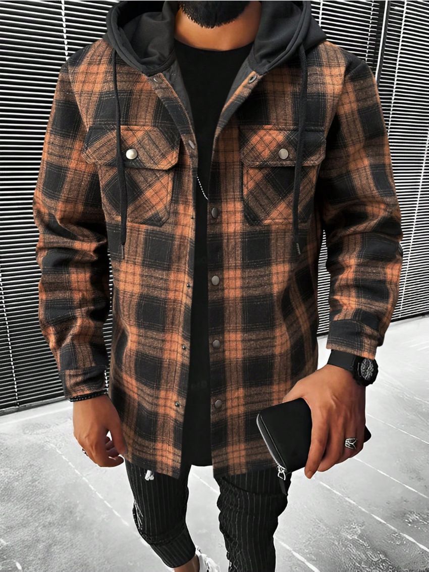 Manfinity Sporsity Men Plaid Print Flap Pocket Drawstring Hooded Shirt