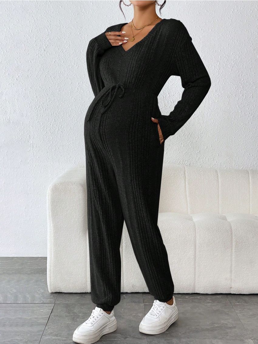 SHEIN Maternity Ribbed Knit Knot Front Jumpsuit