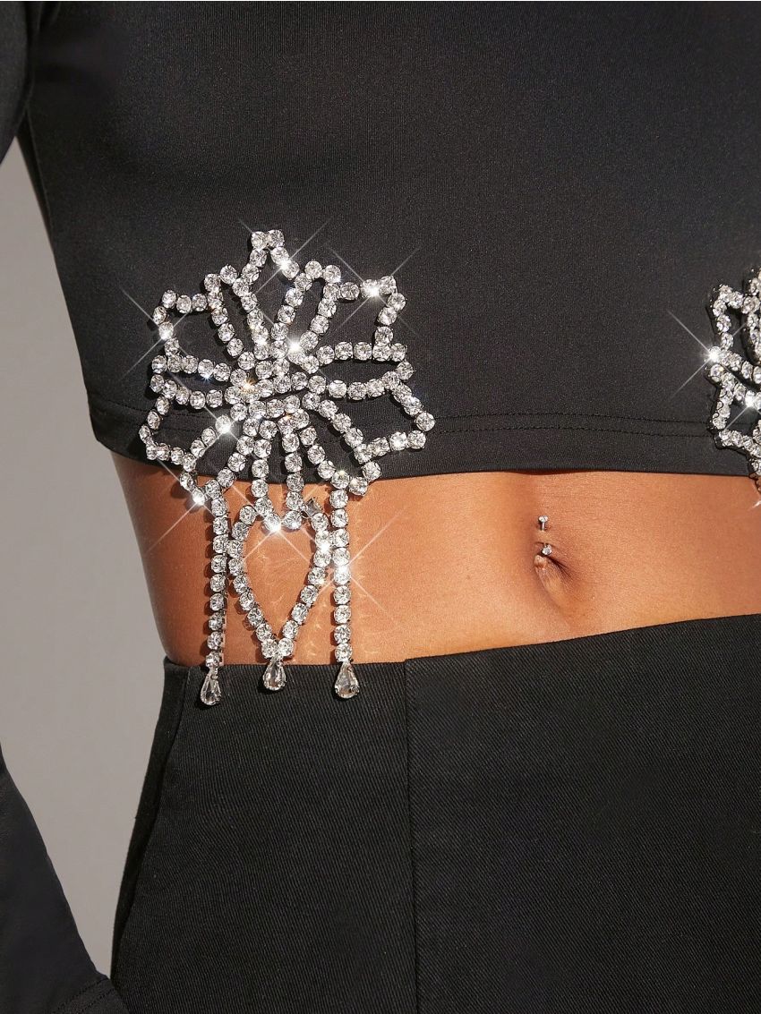 XAX Floral Rhinestone Fringe Crop Top