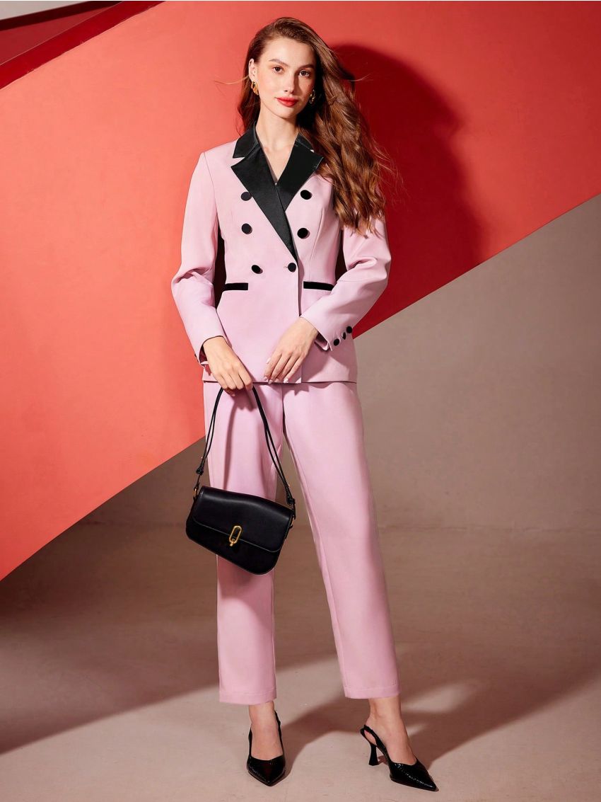 MOTF PREMIUM CONTRAST LAPEL COLLAR DOUBLE BREASTED BLAZER