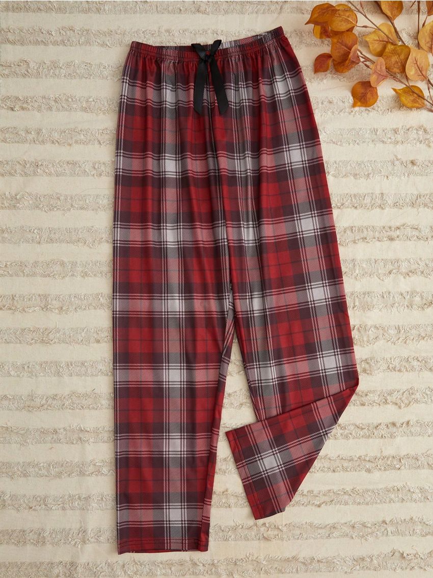 1pc Checkered Sleep Pants With Bow Decoration