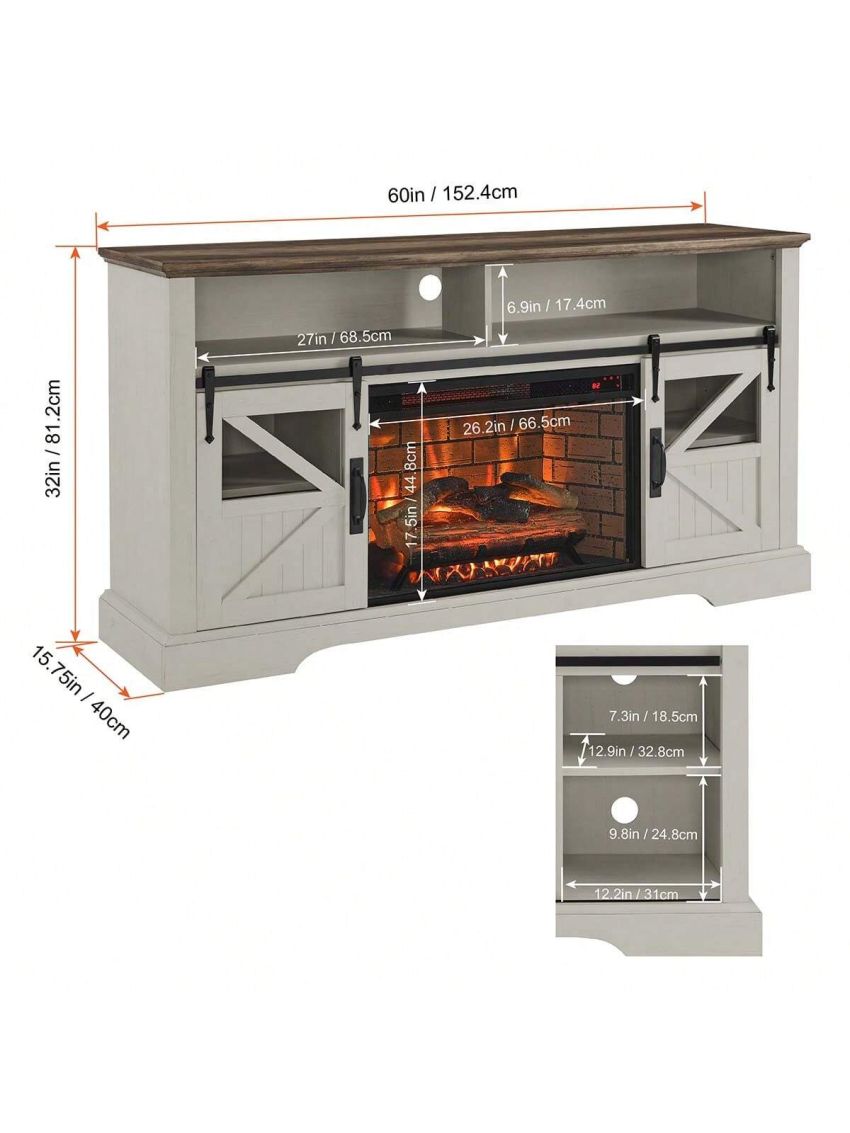 60 Inch Electric Fireplace Entertainment Center With Door Sensor-Jasmine white color