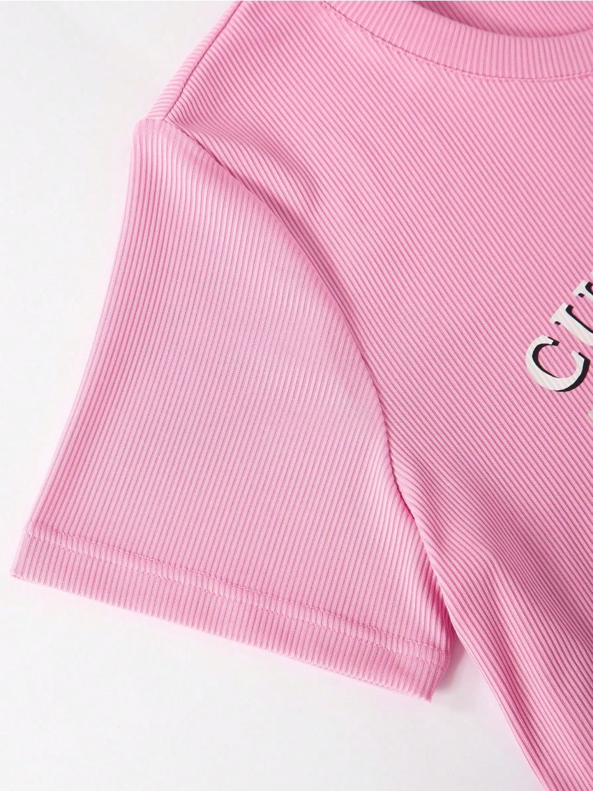 Teenager Knitted Ribbed Cat Print T-Shirt