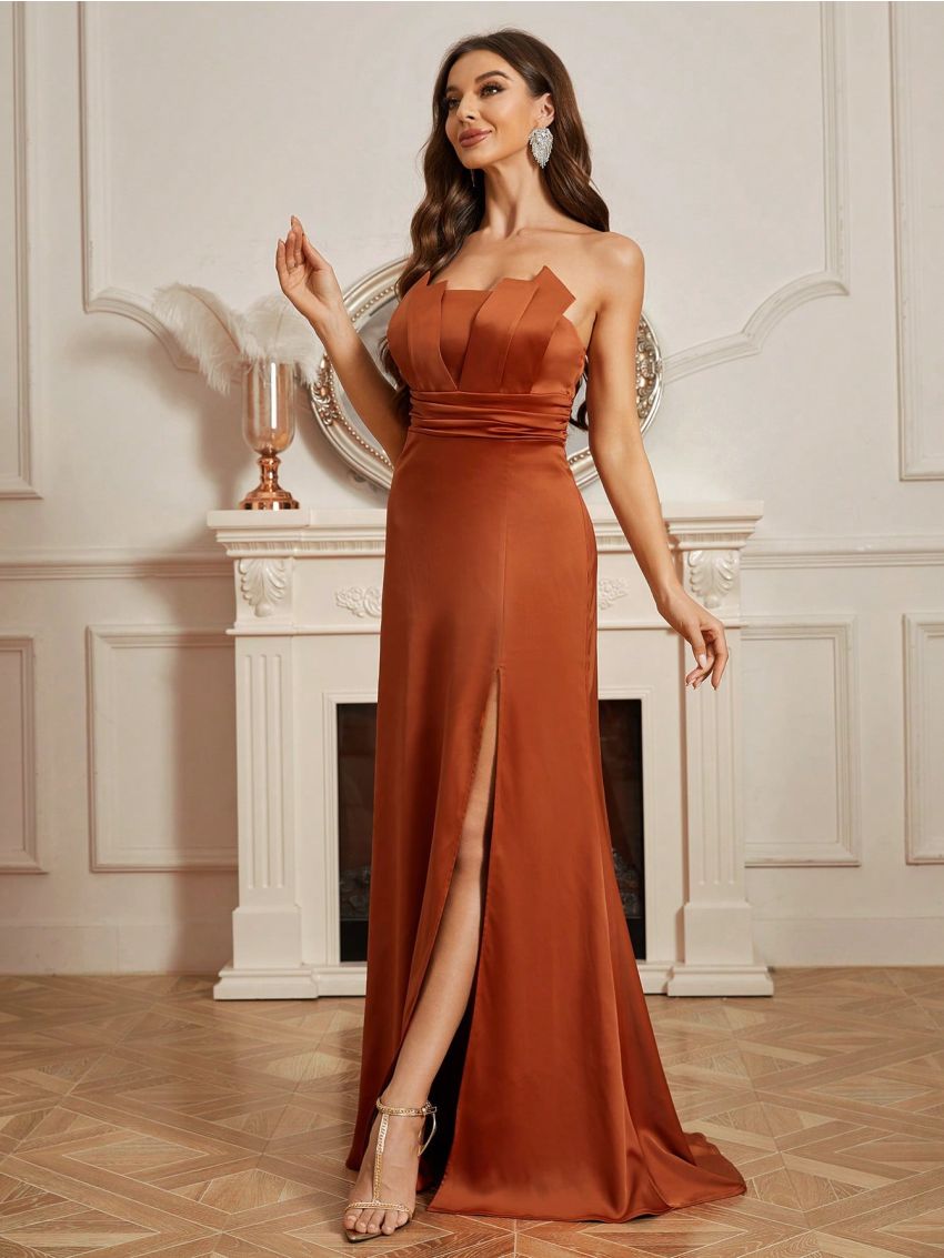 SHEIN Belle Ladies' Strapless Evening Dress With High Side Slit And Ruffled Waist