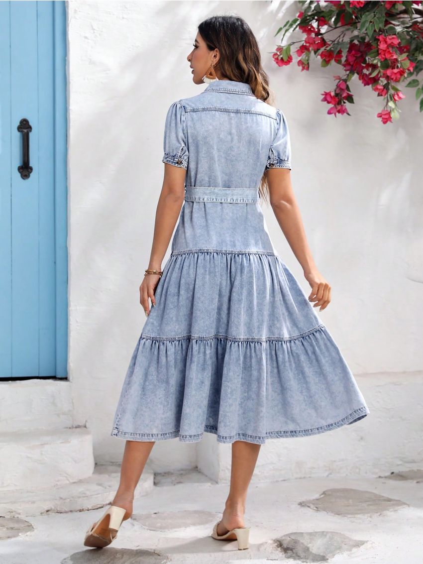 SHEIN VCAY Women's Loose-Fitting Denim Dress With Puff Sleeves And Turn-Down Collar In College Style