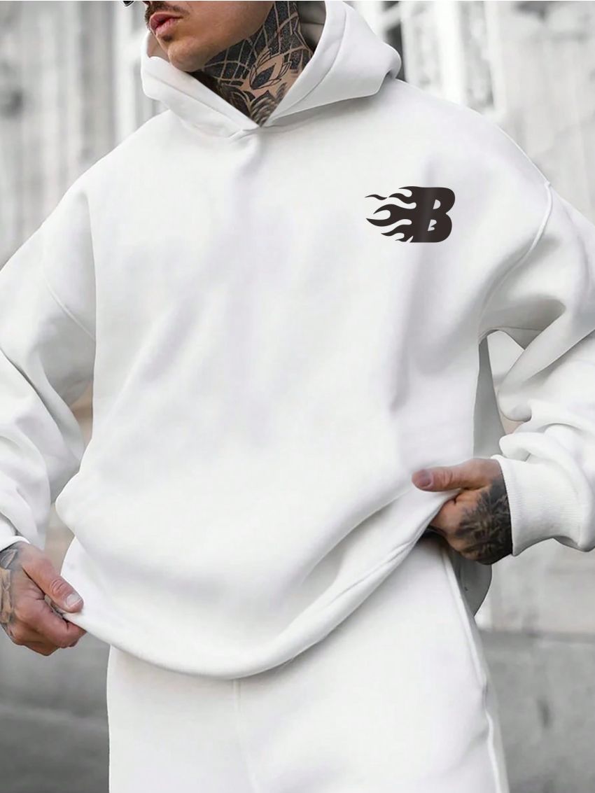 Manfinity Men'S Letter Printed Loose Fit Fleece Lined Hoodie With Drop Shoulder Sleeve Design