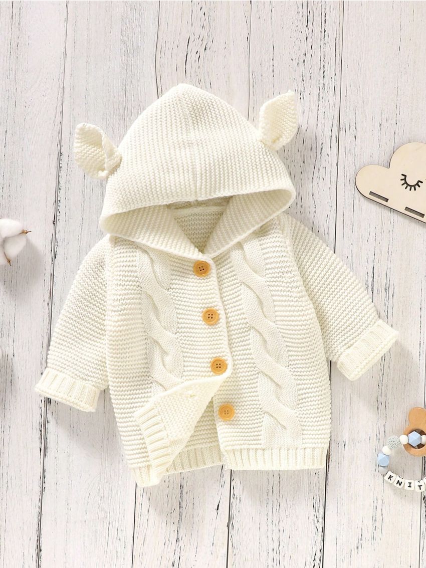 Baby Boy Cable Knit 3D Ear Patched Hooded Cardigan