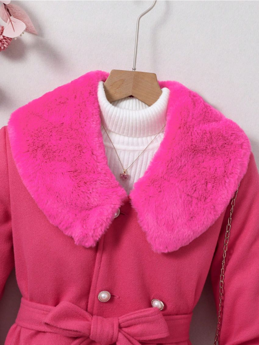 Tween Girl 1pc Borg Collar Double Breasted Belted Overcoat