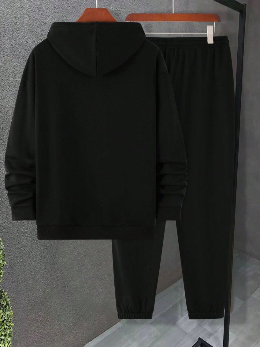 Manfinity Homme Men's Cartoon & Slogan Printed Hooded Sweatshirt And Pants Set With Drawstring, Long Sleeve