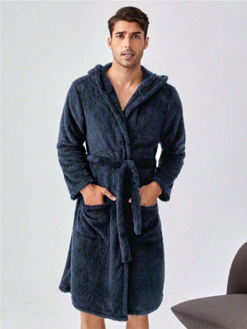 Men's Plush Belted Bathrobe For Home, Winter