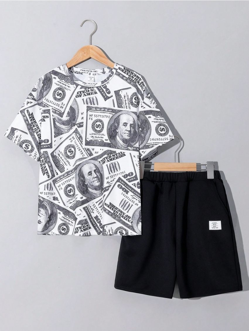 SHEIN Kids HYPEME Tween Boys' Casual Street Style Dollar Sign Print T-Shirt With Round Neck And Shorts, Pure Color Shorts Knitted Two Piece Suit