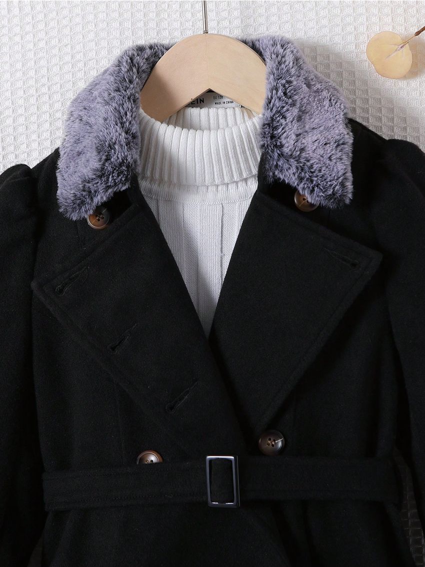 SHEIN Tween Girl Borg Collar Double Breasted Belted Overcoat Without Sweater