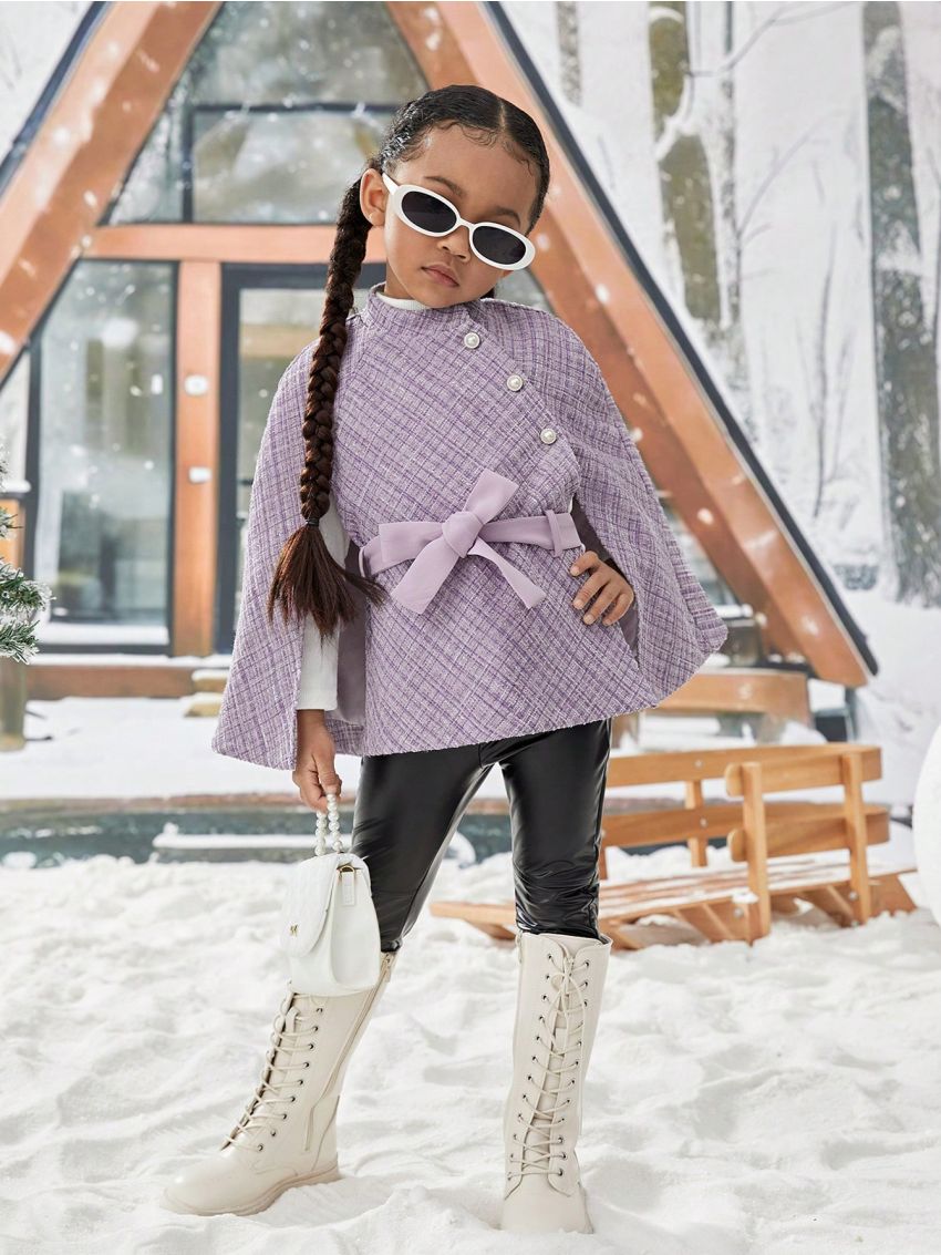 SHEIN Kids Cooltwn Young Girl Plaid Cloak Sleeve Belted Overcoat