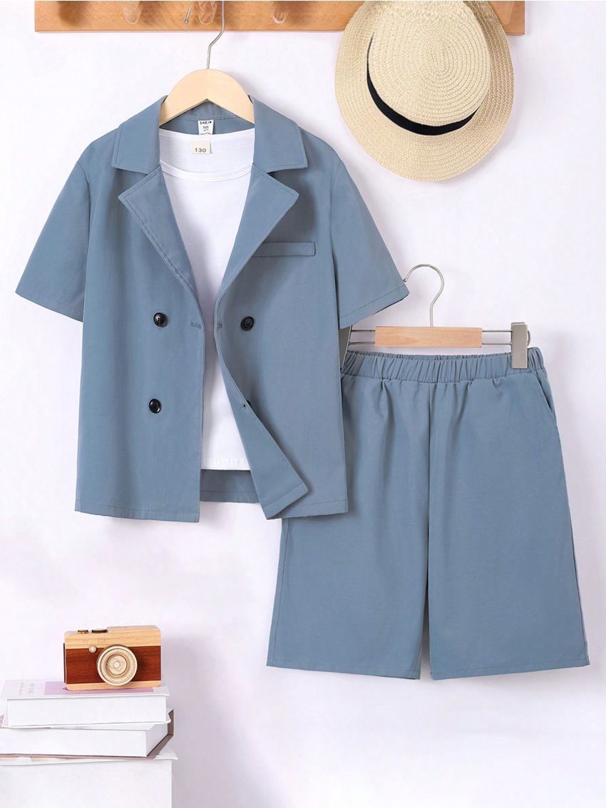 SHEIN Kids FANZEY Tween Boy's Handsome Color Block Notched Collar Woven Short Sleeve Suit Blazer And Shorts Set