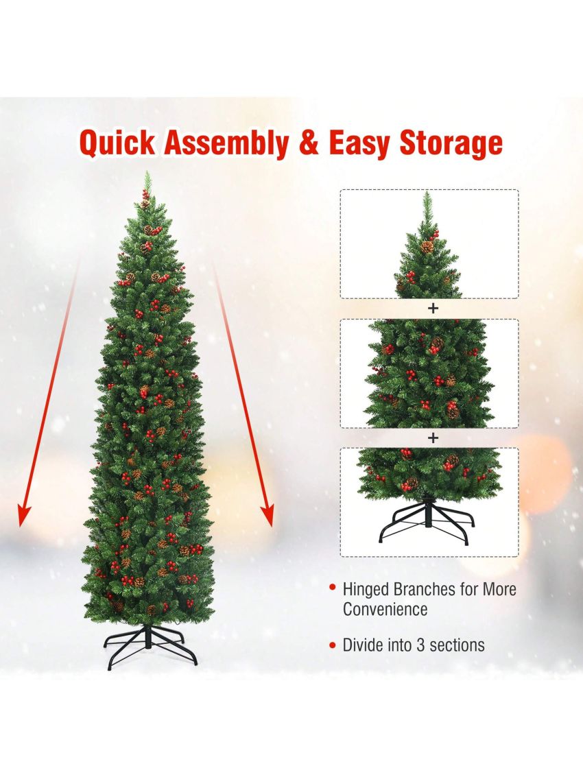 Gymax 7.5Ft Pre-Lit Pencil Christmas Tree Hinged Artificial Slim Tree w/ LED Lights