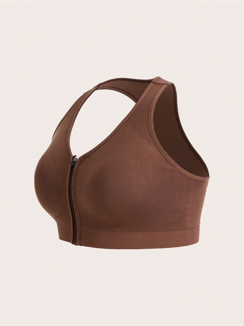 Yoga Basic Women'S Plus Size Sports Bra With Zipper, Racerback Design