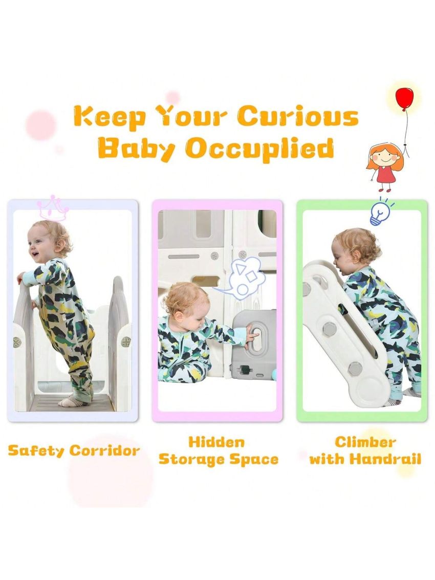 Merax Kids Slide Playset Structure, Freestanding Castle Climber with Slide and Basketball Hoop, Toy Storage Organizer for Toddlers, Kids Climbers Playhouse for Indoor Outdoor Playground Activity