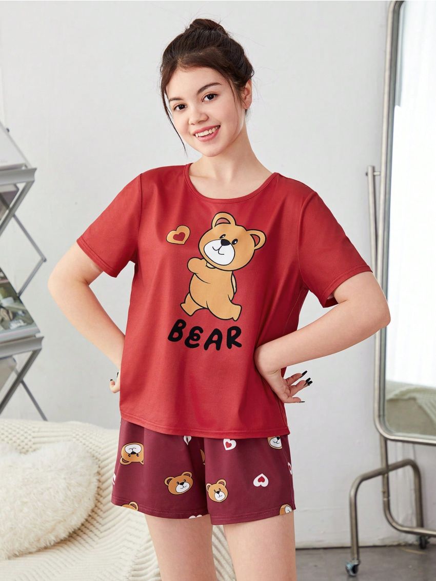 SHEIN Teen Girls' Knitted Adorable Bear Pattern Short Sleeve T-Shirt And Shorts Homewear