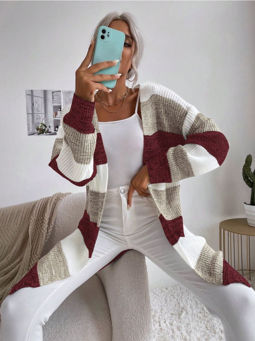 SHEIN Essnce Color Block Drop Shoulder Duster Cardigan