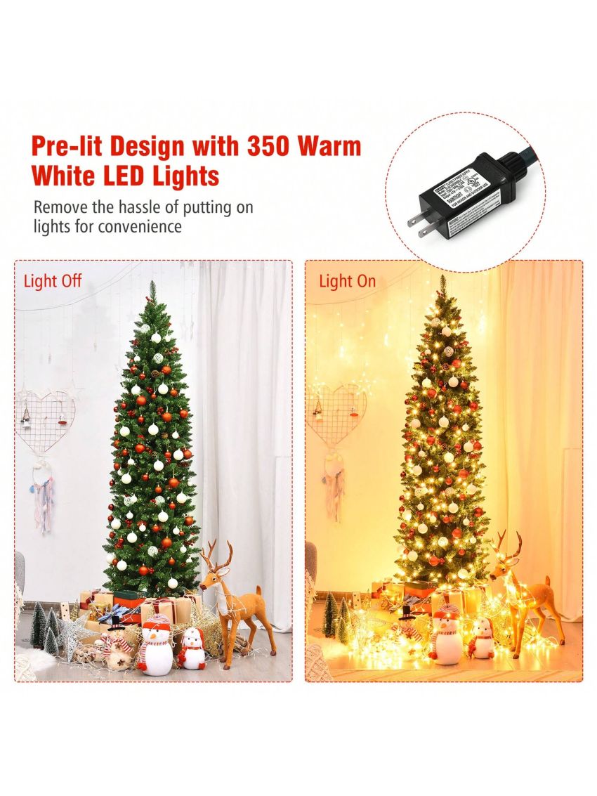 Gymax 7.5Ft Pre-Lit Pencil Christmas Tree Hinged Artificial Slim Tree w/ LED Lights
